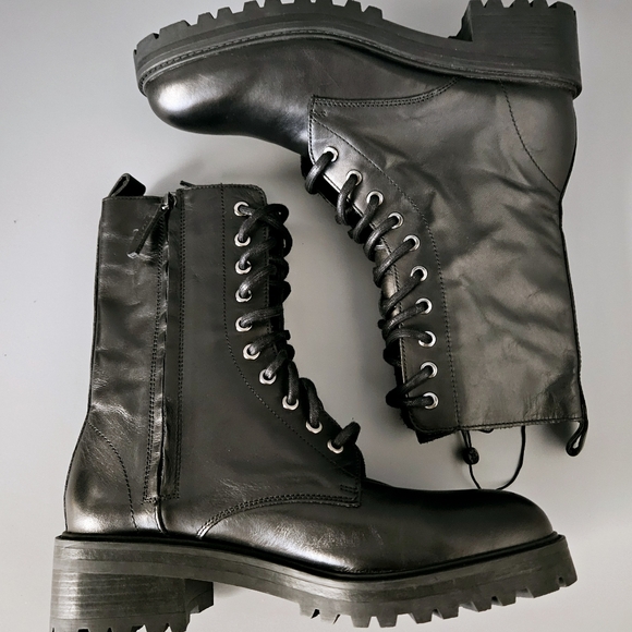 Massimo Dutti Black Leather Lace-Up Boots US 9 EU 40 Combat Biker Ankle Zipper - Picture 7 of 14
